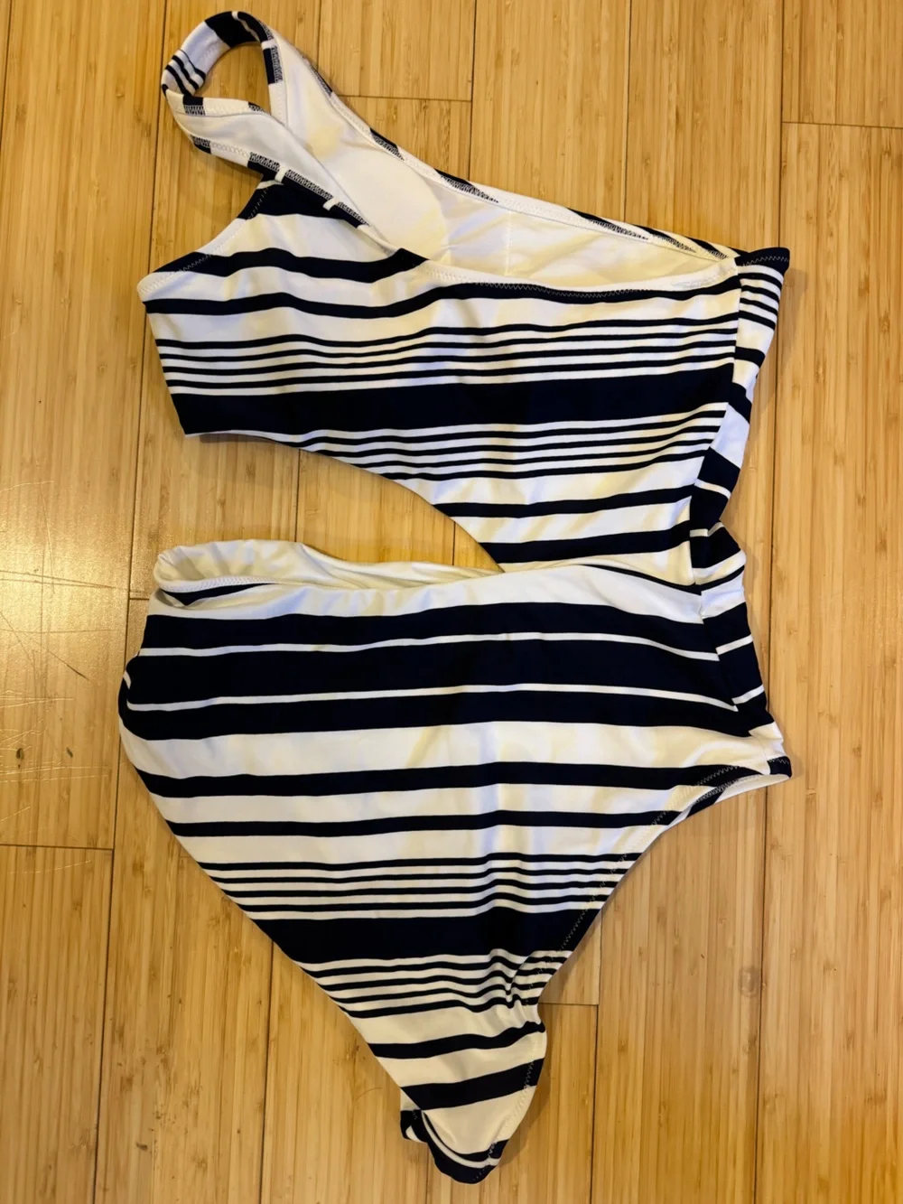aerie One-Shoulder Navy and White Striped One-Piece Swimsuit
